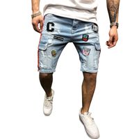 Wholesale Denim Jeans Men Short Ripped Knee Length Multi Pocket Embroidery Personality Straight Street Urban Wind Short Pants