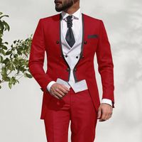 Wholesale Men s Suits Blazers Custom Made Men Red And White Groom Tuxedos Round Lapel Groomsmen Pieces Set Jacket Pants Vest Tie D374