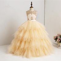 Wholesale Girl s Dresses High Quality Flower Girl Lace Beaded Ruffles Tulle Prom Pageant Gown Kids First Communion Dress