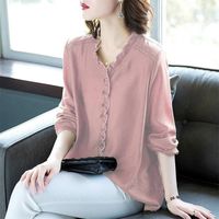 Discount lace purfle Women's Blouses & Shirts Elegant Office Ladies Lace Purfle Shirring RetroTops Solid Color Loose Summer Pullover Tops Femme Blusa Casual