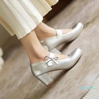 Wholesale Dress Shoes Lovely Cute Girls Sweet Bow Knot Women Hook Loop Block High heeled Patent Leather Silver Gold Pumps Party Shoe