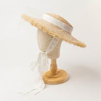 Wholesale Summer Sunscreen Beach Hat Natural Raffia Child Lace Veil Wide Brim Straw Ribbon Girl Sun Cap Hats