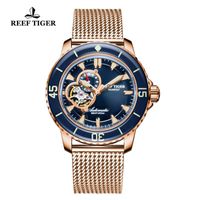 Wholesale Reef Tiger RT Top Dive Sport Watches For Men Rose Gold Tone Automatic Blue Dial Luminous RGA3039 Wristwatches