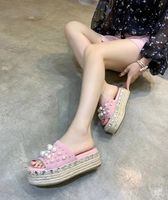 Wholesale Slippers Ladies High Quality summer fashion silk rhinestones natural feather hemp rope thick sole font comfortable yards