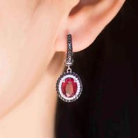 Wholesale 100 Genuine Ruby Dangle Earrings Sterling Silver Oval mm Precious Gemstone Black Zircon Women Wife Gift Jewelry