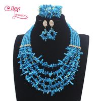 Wholesale Earrings Necklace Handmade Nigerian Wedding African Coral Beads Jewelry Set Blue W13898