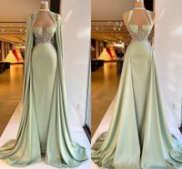 Wholesale Aso Ebi Arabic Prom Formal Dresses with Long Cape Mint Sage Beaded Pleated Stain Sweetheart Celebrity Evening Dress Wear
