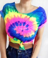 Wholesale Women s T Shirt Rainbow Tie Dye T Shirt Women Summer Fashion Short Sleeve Hippie Rave Top Knot Beach Tee Streetwear Femme