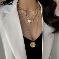 Wholesale Multilayer Coins Pendant Necklace Freshwater Pearls Baroque Gold Plated Color Hesiod Party Charm Jewelry Accessories For Women Necklaces