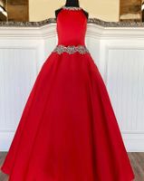 Wholesale Little Miss Pageant Dress for Teens Juniors Toddlers Red Satin Long Kids Birthday Formal Gown Crystals High Neck rosie Custom Made Keyhole Back Pocket AB Stones