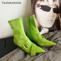 Wholesale Boots Avocado Green Women Booties Low Heels Punk Buckle Point Toe Ankle Zip Black Woman Shoes Botas Invierno Mujer