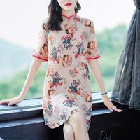 Wholesale Weiweimei High End Women s Dress Chinese Style Improved Cheongsam Pearl Printing Silk Casual Dresses