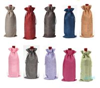 Wholesale 16 cm Linen Drawstring red Bags Wine bottle packaging Jute pouches custom logo