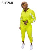 Wholesale Women s Tracksuits Neon Green Two Piece Sweatsuit Autumn Clothes For Women Zipper Up Long Sleeve Hoodie And Sport Sweatpant White Striped Tr