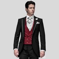 Wholesale Men s Suits Blazers Custom Made Groom Tuxedo Bespoke Black with Silver Grey Lapel Trims dark red vest Tailor Wedding for men