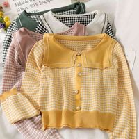 Wholesale Women s Sweaters Autumn short plaid sweater with long sleeve soft and woman s cardigan collar stitched in contrast doll pearl button T
