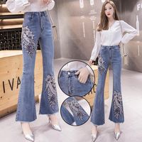 Wholesale Women s Jeans Embroidered Casual Butt lift High Waist Bell Bottom For Women Slim Blue Denim Long Wide Leg Pants Streetwear
