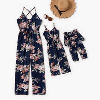 Wholesale Family matching outfits girls flowers printed rompers mother V neck suspender jumpsuit baby long sleeve romper mommy and me clothing A6601