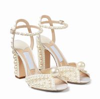 Wholesale Elegant Bride Wedding Dress Shoes Saracria Sandals White Pearls Embellished Sexy Nice High Heels Ankle StrapWomen s Pumps EU35 WITH BOX