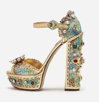 Wholesale Luxury Crystal Faux pearl Embellished Platform Sandals Gold Floral Lace Ankle Strap Wedding Shoes Bride Chunky Heels Dress
