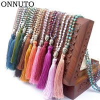 Wholesale Long Tassel Necklace Ancient Silver Color Alloy Buddha Head Pendant Faceted Glass Crystal Beard Chain Knot Women Jewelry Necklaces