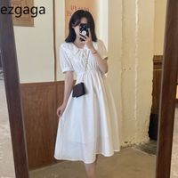 Wholesale Ezgaga Elegant White Dress Women Summer New Short Sleeve Doll Collar Button Solid Slim Knee Length High Waist Korean Chic