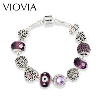 Wholesale Charm Bracelets VIOVIA Purple Crystal Bead Bangle Bracelet With Love And Flower Ball For Women Wedding Gifts Pulseras Mujer B16202