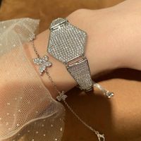 Wholesale Luxury Full Crystal Cz Stone Big Watch Design Bangle Cubic Zircon Sweet Cute Butterfly Charm Chain Bracelet White Gold Plated
