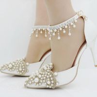 Wholesale Women Sandals Wedding Party Banquet PU Rhinestones Buckle Strap CM Thin High Heels Pointed Toe Shoes Size White
