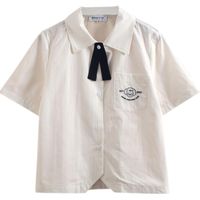 Wholesale Women s Blouses Shirts White Cartoon Embroidery Single Breasted Casual Women Summer Short Sleeve Turndown Collar Korean Ladeis Pocket