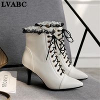 Wholesale Boots LVABC Elegant Ruffles Bride Wedding White Lace Up Side Zipper Stiletto High Heels Ankle Women Shoes Fashion1