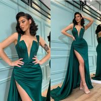 Wholesale Arabic Dark Green Mermaid Evening Dresses Deep V Neck Side Split Sweep Train Prom Dress Backless Girls Pageant Wear Gowns