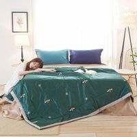 Wholesale Comforters Sets Dark Green Bees Stars Quilt Satin Polyester Fabric Silk Feeling Quilted Comforter Summer Blanket Twin Queen Size