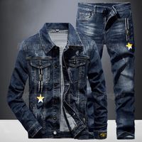 Wholesale Men s Tracksuits Dark Blue Fashion Sets Spring Autumn Letter Star Print Denim Jacket Pants Casual Slim Couple Jeans Suit Ropa Hombre