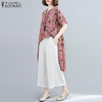 Wholesale Women s Blouses Shirts Asymmetrical Blouse ZANZEA Fashion Printed Long Tops Casual Short Sleeve Female Floral Oversized Tunic