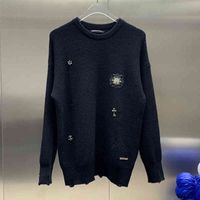Wholesale Autumn and Winter Fashion Brand Metal Spell Leather Hole Round Neck Couple Woolen Sweater Long Sleeve Man