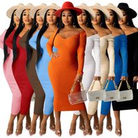 Wholesale Women Maxi Dresses Autumn Winter Ribbed Knitted Sexy Off Shoulder Long Sleeve Solid Color V neck Slim Bodycon Dress Autumn S XXL