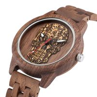 Wholesale Wristwatches Punk Skull Dial Walnut Ebony Wood Bangle Quartz Wrist Watch Red Seconds Luminous Hands Men s Wooden Bracelet Timepiece Male Gif