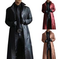 Wholesale Men s Trench Coats Long Cardigan Button Solid Pu Windbreaker Coat Color Leather Sleeve