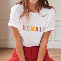 Wholesale VIP HJN Demain Letter T shirt Woman Rainbow Color Round Collar Cotton Loose Short Sleeve Tee Vintage Casual T shirt Summer Tops