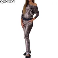 Wholesale Women s Jumpsuits Rompers Qunndy Sexy Off Shoulder Velvet Winter Autumn Slim Fashion Warm Long Sleeve Women Bodycon Overalls Femme