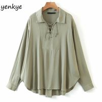 Wholesale Army Green Safari Style Shirt Women Long Sleeve Lace Up Turn down Collar Vintage Oversize Blouse Casual Autumn Tops Blusas Women s Blouses