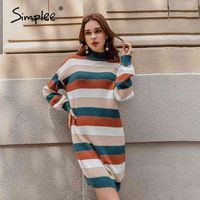 Wholesale Simplee Knitted color stripe sweater dress jumper Loose long sleeve women warm sweater Elegant patchwork drop shoulder jumper