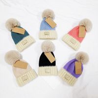 Wholesale Designer Fur Pom Poms Kid Hat Print Pattern Winter Hats For Women Caps Baby Solid Color Knitted Beanies Cap