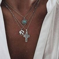 Wholesale Personality Cross Stone Map Triple Layered Silver Chain Pendant Necklace For Women Gifts For Her Jewelry Gifts