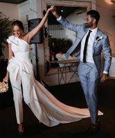 Wholesale One Shoulder Beach Jumpsuit Wedding Dresses with Train Stain Ruched Tailor Made Country Boho Bride Pant Suit Wear