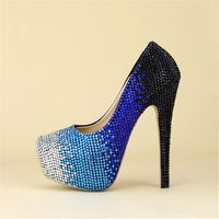 Wholesale Dress Shoes Custom Big Size Blue And White Waterproof Sparkle Bling Crystal Round Head Lady Formal Wearing High Heel Party