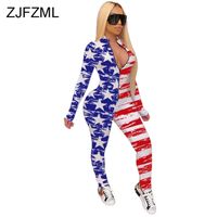 Wholesale American Flag Print Rompers Womens Jumpsuit Deep V Neck Full Sleeve Club Party Bodysuit Streetwear Front Zipper Fitness Catsuits