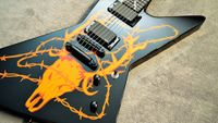 Wholesale James Hetfield Woodburned Elk Skull MX250 Explorer Electric Guitar Hand Word Paint Job China Metallica Guitars EMG Pickup Black Hardware