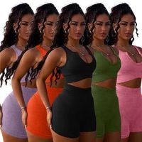 Wholesale Women Rib sexy Tracksuits Two Piece Set Sportswear Solid Crop Tops Shorts Sets XL Plain Tank Top Capris Jogging Suits Clothing